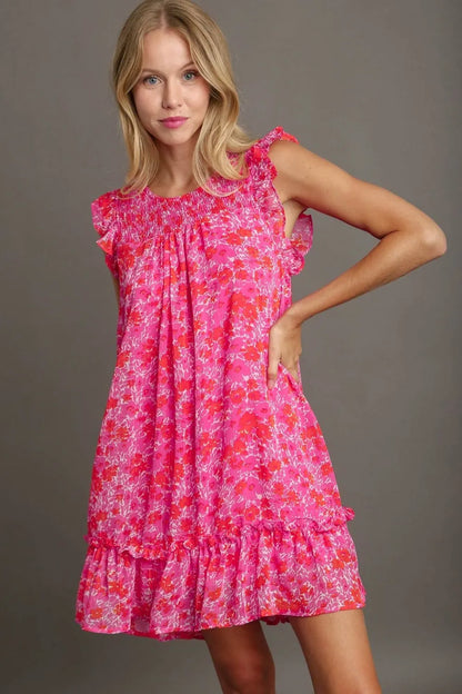 Full Size Smocked Detail Floral Metallic Ruffle Cap Sleeve Dress Plus Size - Hot Pink - product view 1