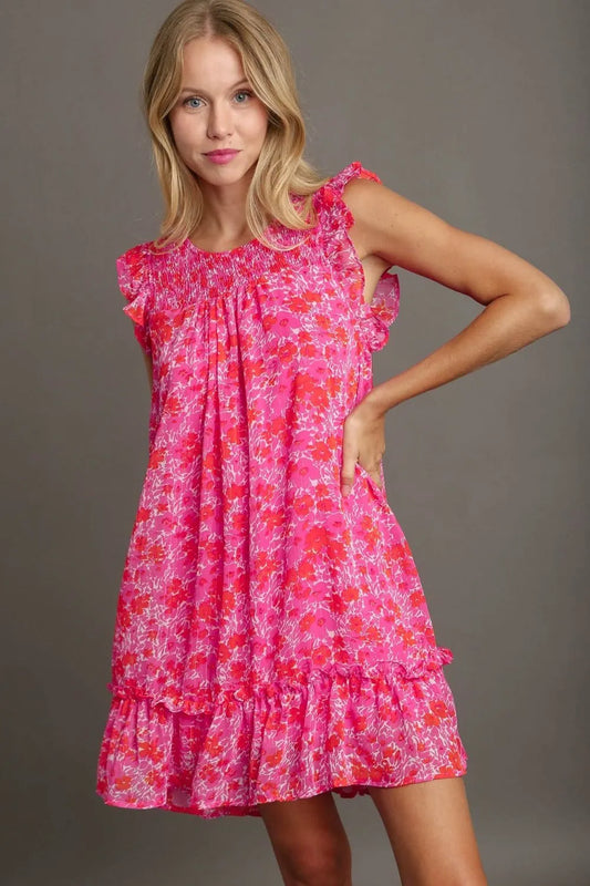 Full Size Smocked Detail Floral Metallic Ruffle Cap Sleeve Dress Plus Size - Hot Pink - product view 1