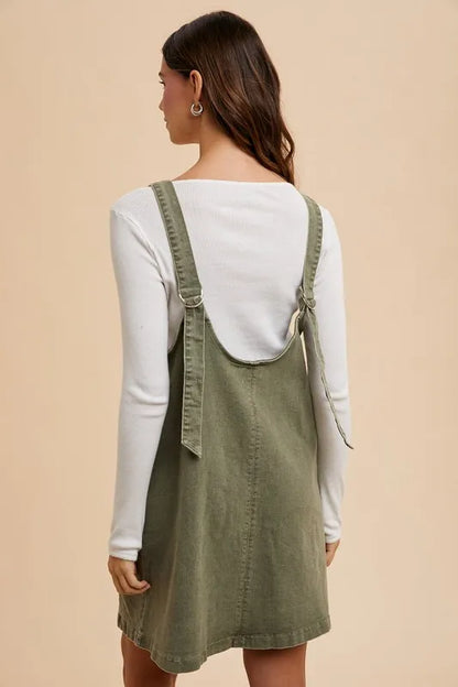 V-Neck Adjustable Strap Denim Overall Dress with Pockets - Army Green - product view 3