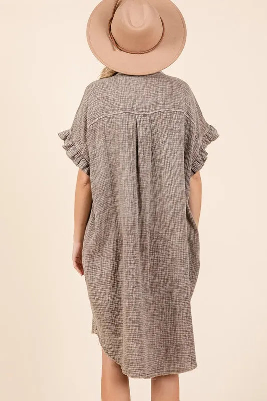 Mineral Wash Cotton Gauze Mini Shirt Dress in Toffee - product view 2