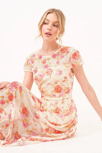 Fish-Net Floral Printed Midi Dress in Multi - product view 5