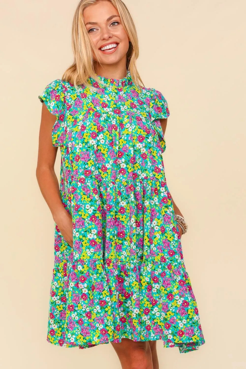 Frilled Mock Neck Ditsy Floral Dress in Aqua - product view 4