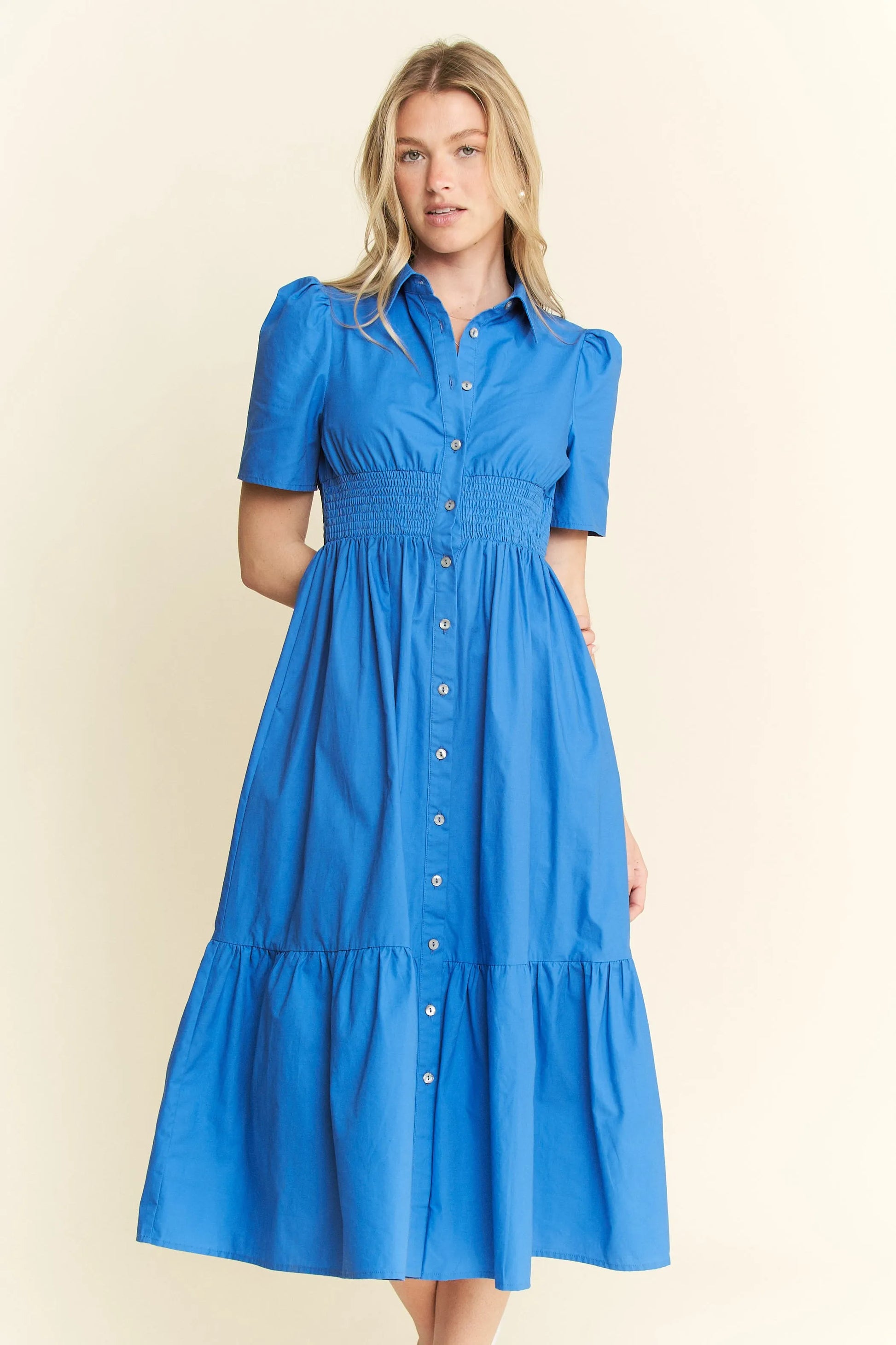 Short Sleeve Button Down Midi Dress in Blue - product view 1