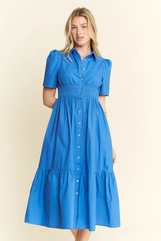 Short Sleeve Button Down Midi Dress in Blue - product view 1