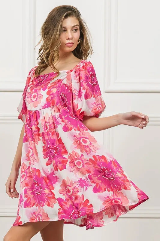 Floral Square Neck Puff Sleeve Mini Dress in Hot Pink - product view 3