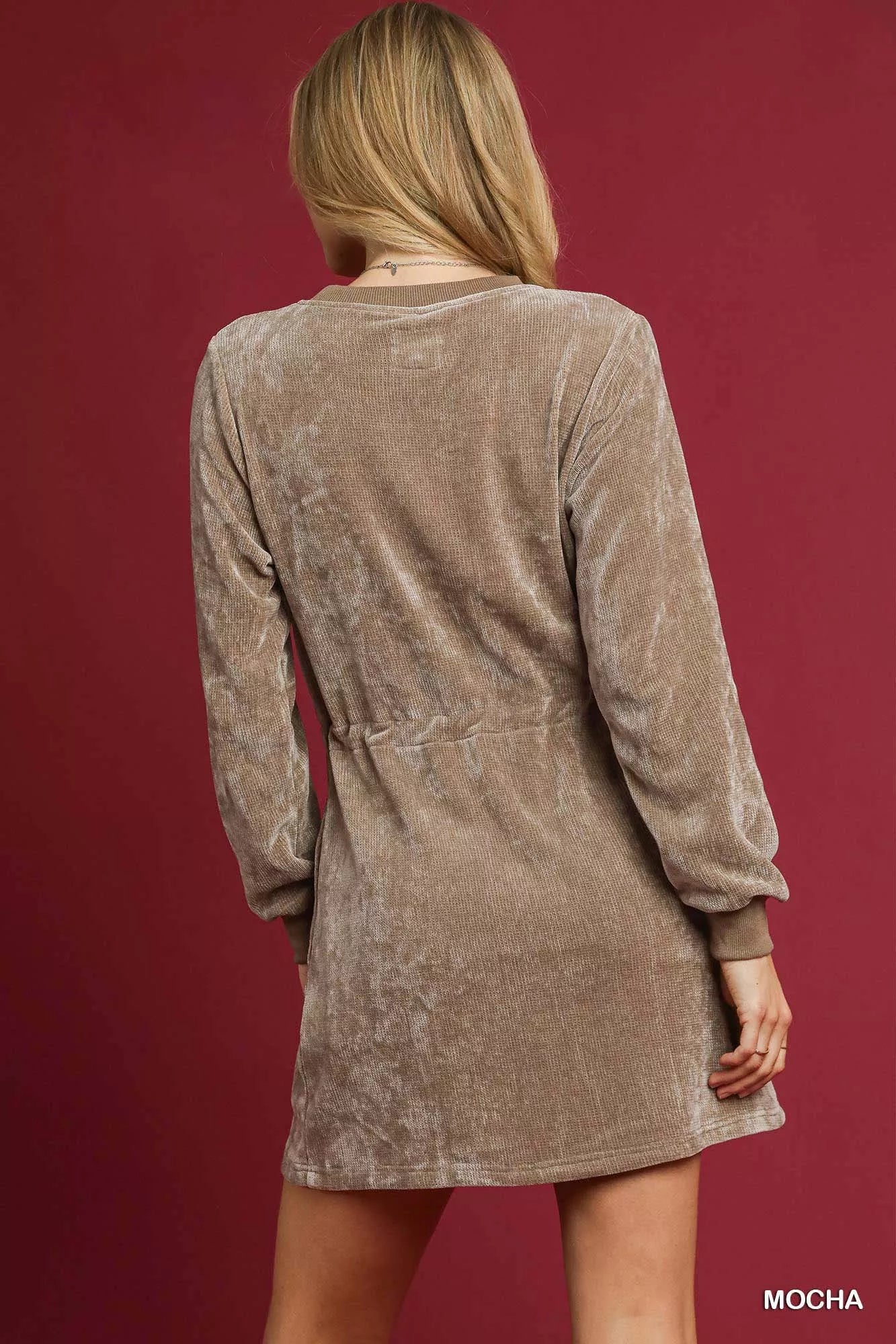 Velour Drawstring Mini Dress with Long Sleeves - Mocha - product view 4