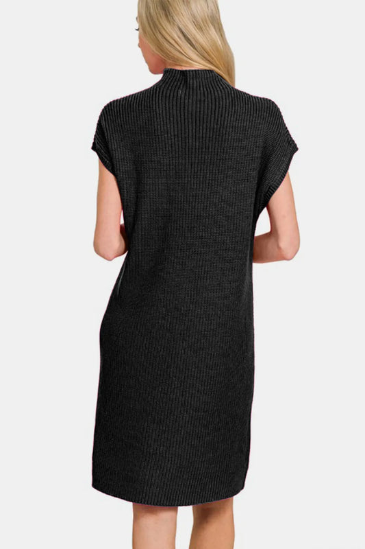 Mock Neck Short Sleeve Sweater Dress - Black - product view 2