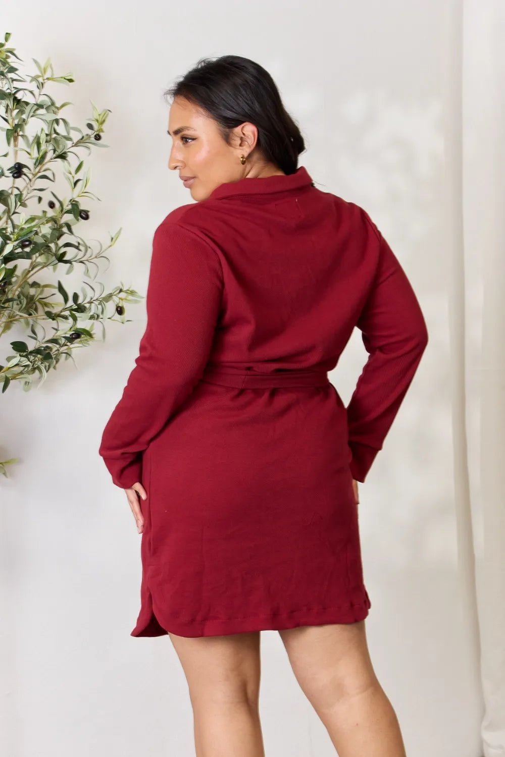Full Size Tie Front Half Zip Long Sleeve Shirt Dress in Burgundy - product view 2