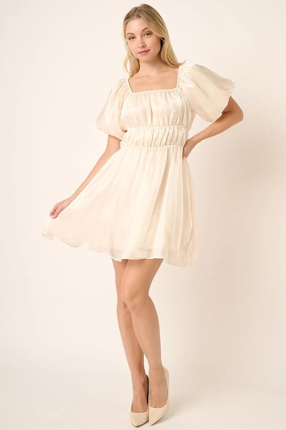 Metallic Organza Fabric Balloon Sleeve Mini Dress in Cream - product view 4