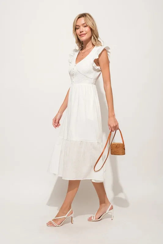 Ruffle Sleeve Front Smocked Tiered Midi Dress in Off White - product view 6