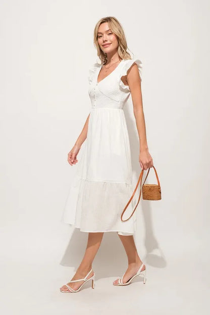 Ruffle Sleeve Front Smocked Tiered Midi Dress in Off White - product view 6