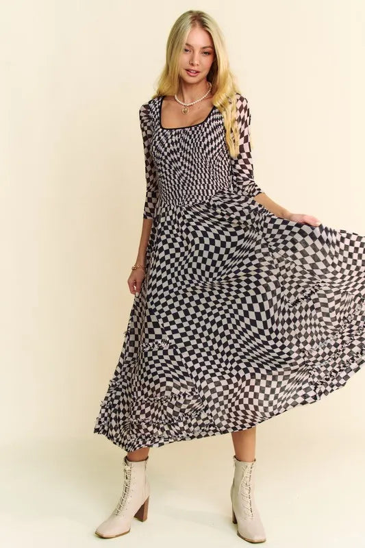 Printed Checker Mesh Flowy Maxi Dress in Black - product view 5