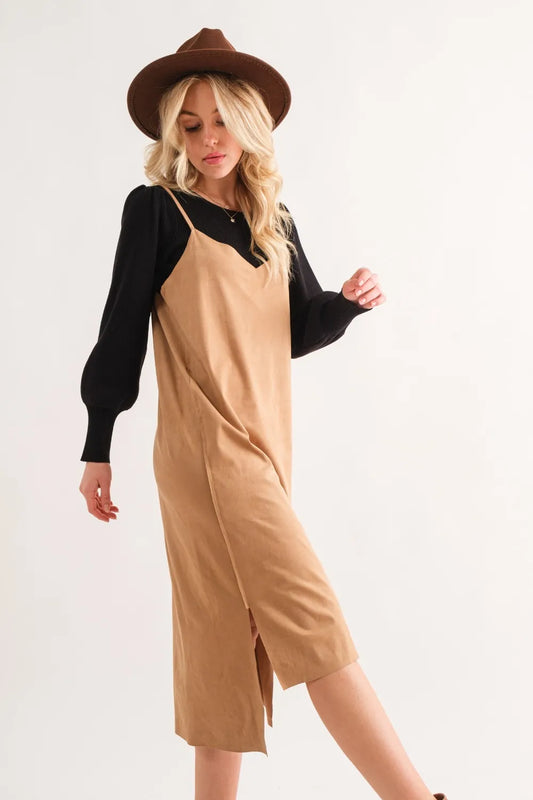 Faux Suede Cut Edge Slit Cami Midi Dress in Khaki - product view 2