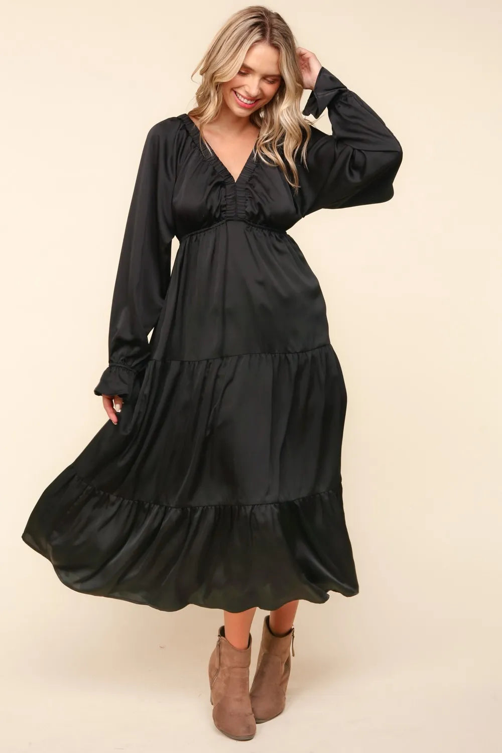 Flounce Sleeve Tiered Midi Dress with Pockets in Black - product view 3