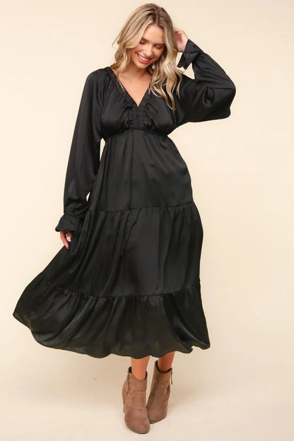 Flounce Sleeve Tiered Midi Dress with Pockets in Black - product view 3
