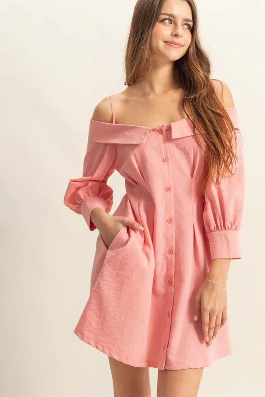 Button Down Spaghetti Strap Mini Dress with Pockets - Coral - product view 1