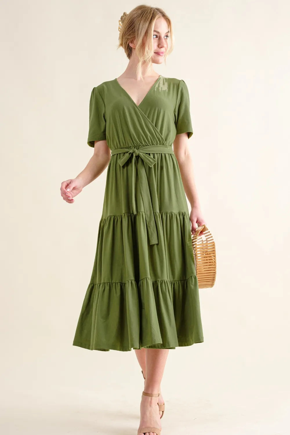 Soft Short Sleeve Tiered Midi Dress in Green - product view 4