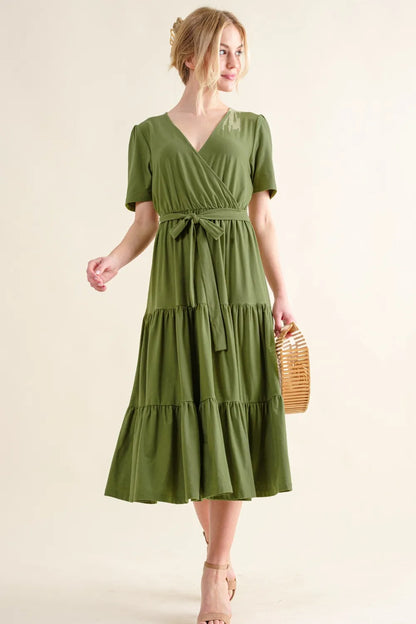 Soft Short Sleeve Tiered Midi Dress in Green - product view 4