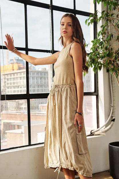 Drawstring Sleeveless Washed Dress - Tan - product view 4