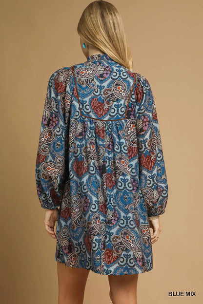Boho Mix Paisley Babydoll Dress - Blue Mix - product view 3