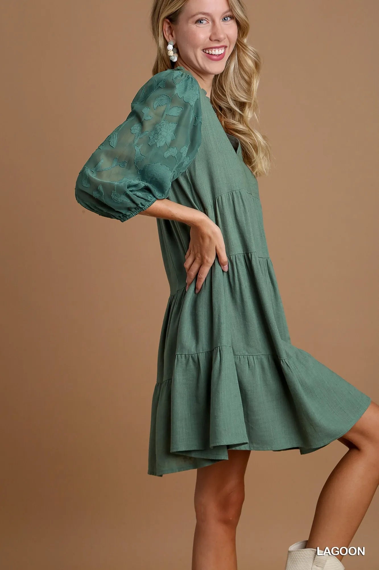 Floral Contrast Sleeve Tiered Dress in Lagoon - product view 3