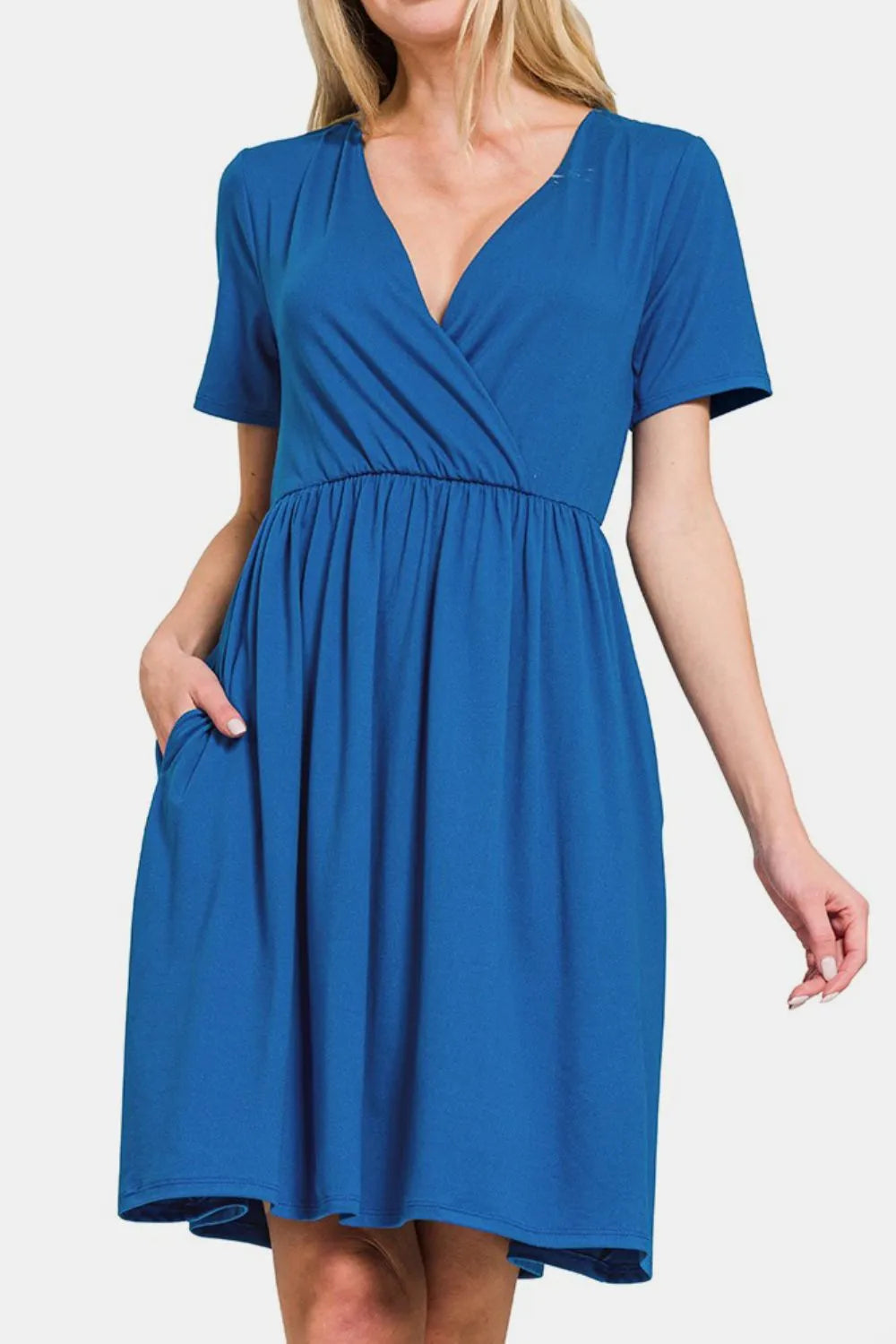 Surplice Short Sleeve Brushed DTY Dress - Classic Blue - product view 2