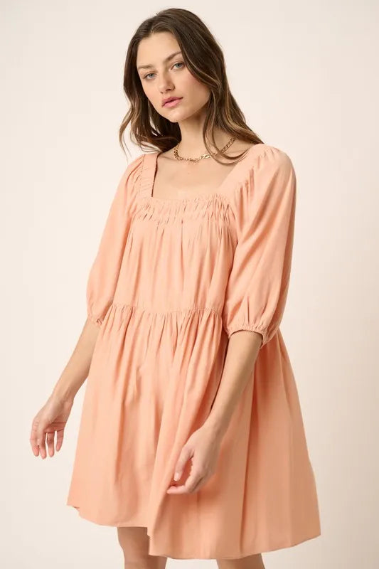 Pintuck Detail Tie Back Mini Dress in Apricot - product view 4