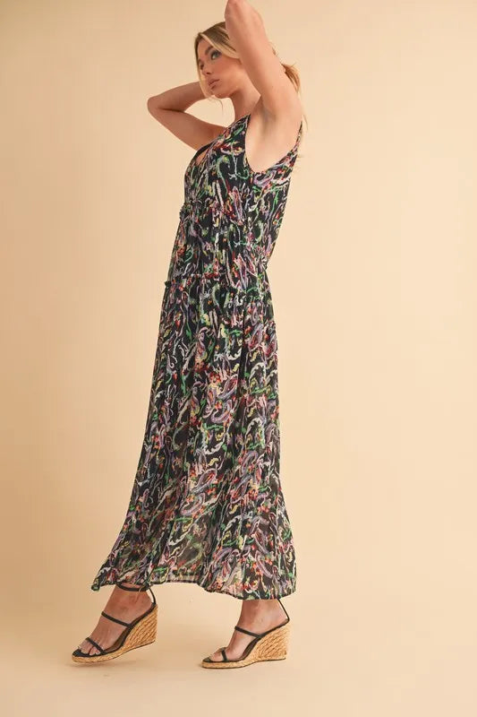 Printed V-Neck Frill Tiered Cami Dress in Black Multicolor - product view 7