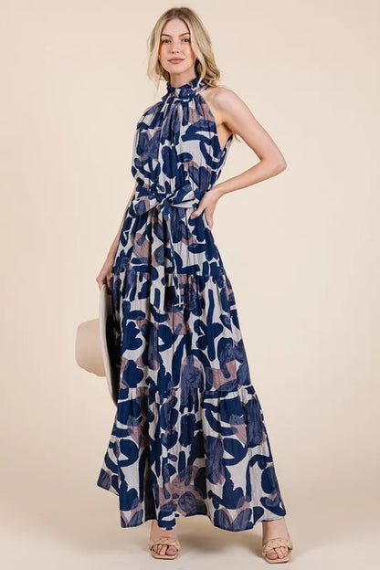 Abstract Halter Neck Tie-Waist Tiered Maxi Dress in Navy Combo - product view 7