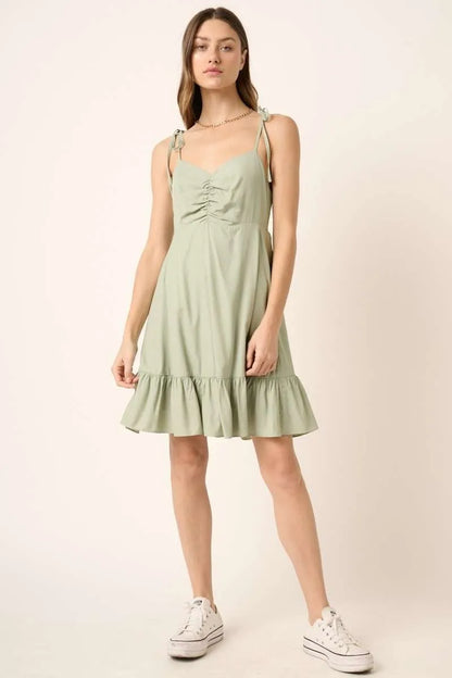 Ruched Detail Spaghetti Tie Mini Dress - Sage - product view 5