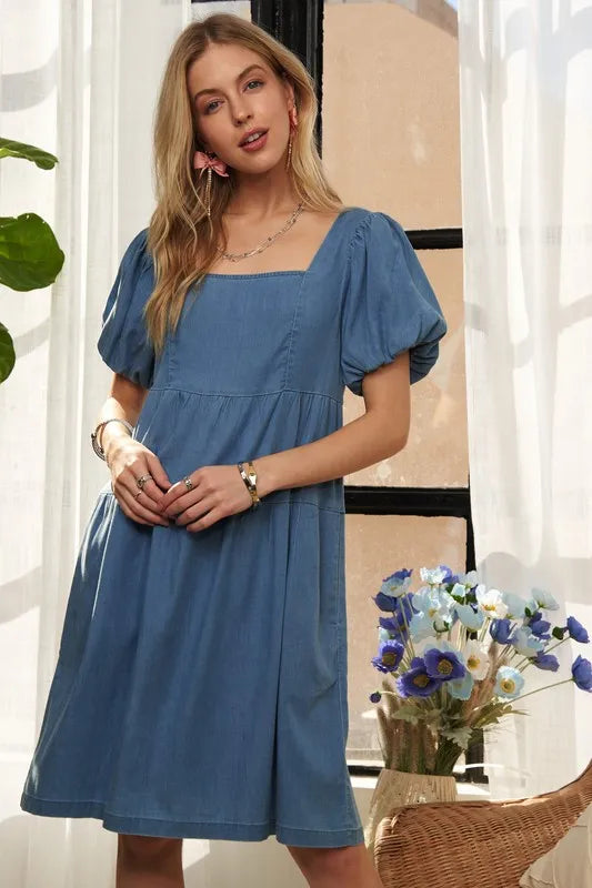 Square Neck Puff Sleeve Denim Dress in Peacock Blue - product view 7