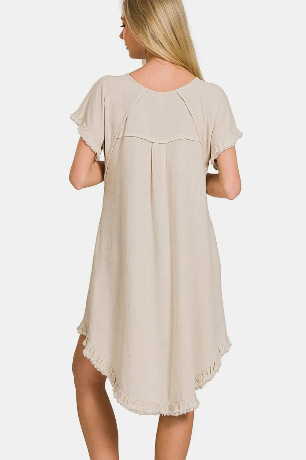 Fringe Edge High Low Flowy Dress with Pockets in Beige - product view 2