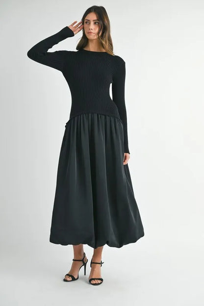 Ribbed Poplin Mix Midi Sweater Dress in Black - product view 4