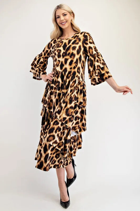 Full Size Leopard Asymmetrical Ruffle Midi Dress Plus Size - product view 1