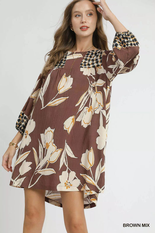 Floral High-Low Babydoll Dress in Brown Mix - product view 1