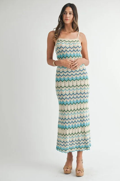 Lightweight Pointelle Chevron Knit Maxi Dress - Aqua - product view 3