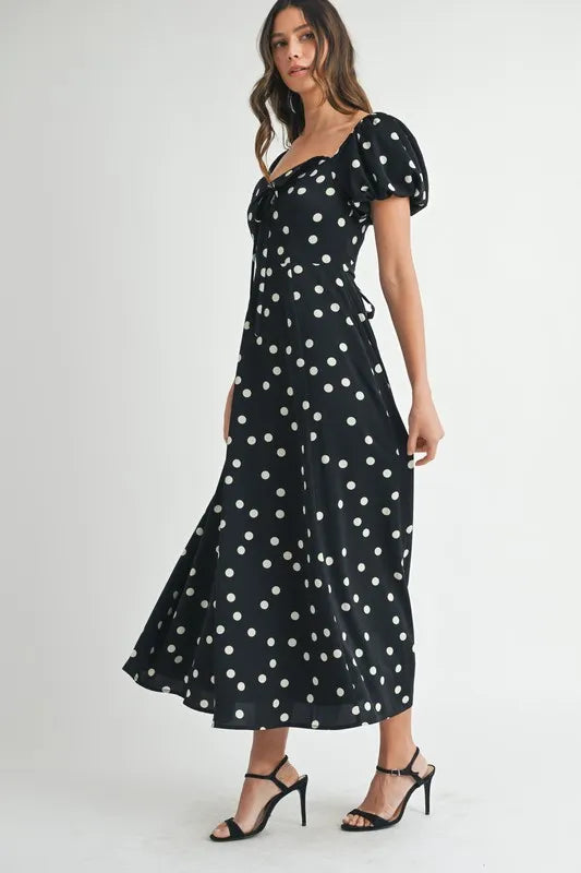 Polka Dot Puff Sleeve Midi Dress - Black - product view 9