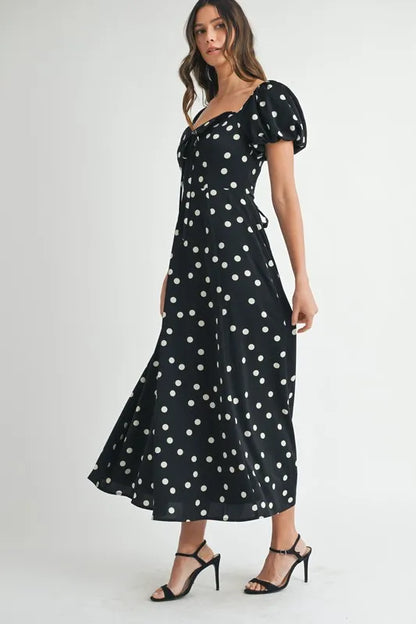 Polka Dot Puff Sleeve Midi Dress - Black - product view 9