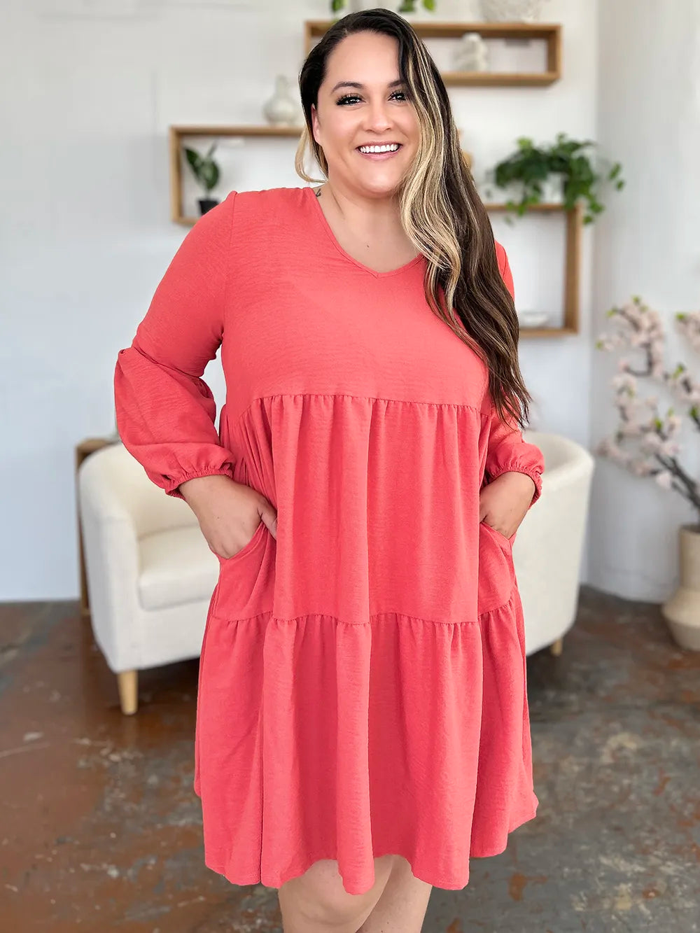 Full Size V-Neck Balloon Sleeve Tiered Dress with Pockets in Light Green, Pink and more - product view 15