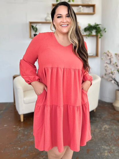 Full Size V-Neck Balloon Sleeve Tiered Dress with Pockets in Light Green, Pink and more - product view 15