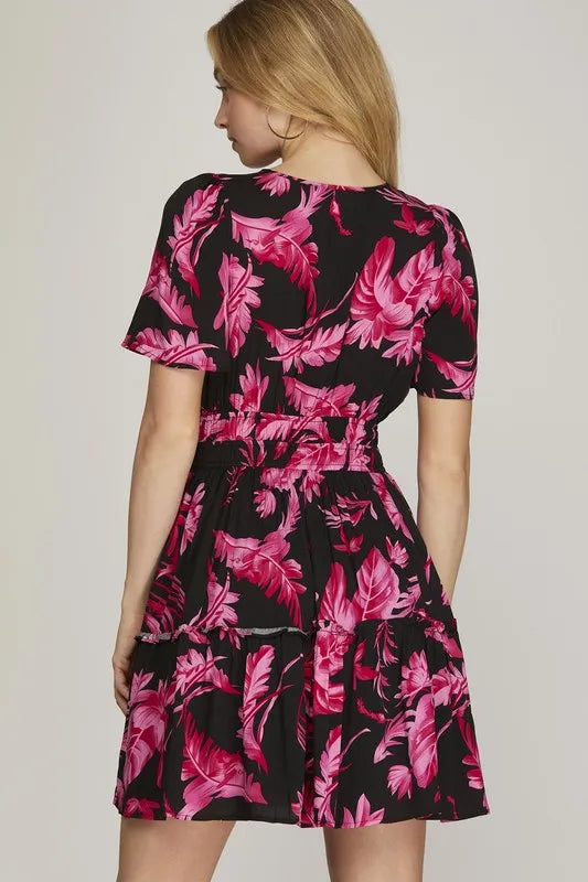 Full Size Printed Notched Short Sleeve Frill Tiered Dress Plus Size - Black - product view 2