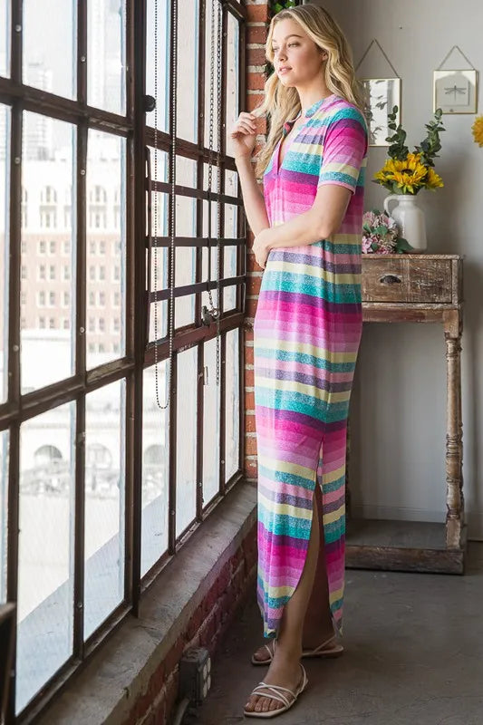 Full Size Striped Short Sleeve Maxi Tee Dress Plus Size in Pink Multi - product view 9