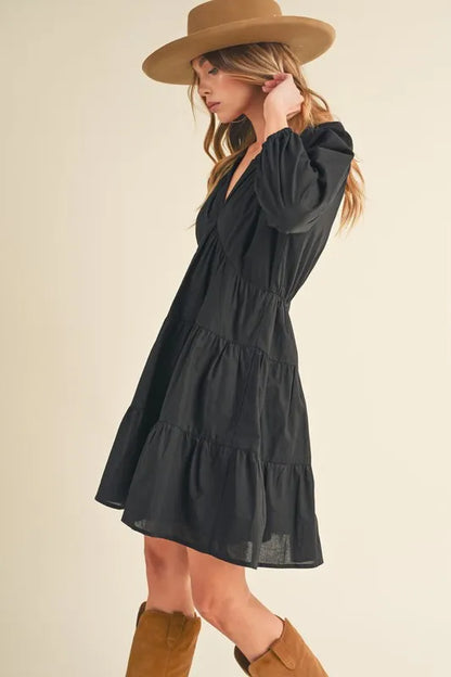 Notched Balloon Sleeve Tiered Mini Dress - Black - product view 3