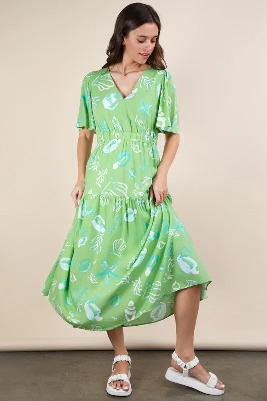 Printed V-Neck Resort Midi Dress in Sage - product view 3