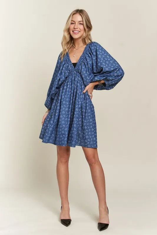 Batwing Sleeves Floral Dress in Denim/White - product view 1