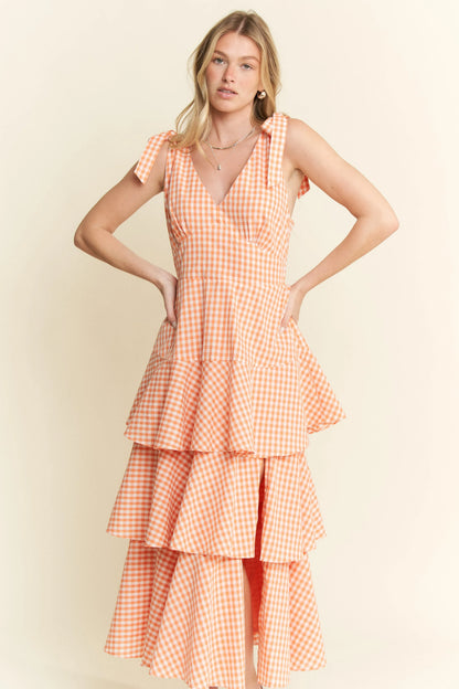 Sleeveless Gingham Print Tiered Midi Dress in Orange - product view 3