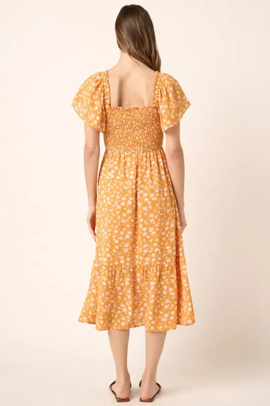 Flower Print Flutter Sleeve Smocked Midi Dress in Gold - product view 6