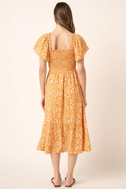 Flower Print Flutter Sleeve Smocked Midi Dress in Gold - product view 6