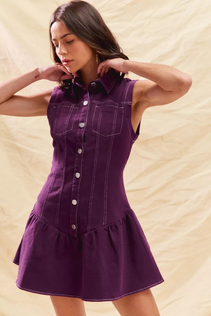 Button Down Sleeveless Collared Game Day Mini Dress - Purple - product view 13
