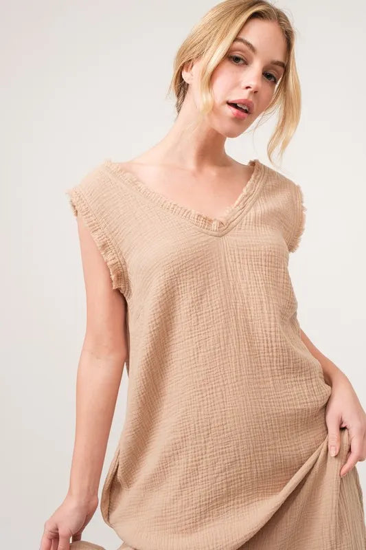 Washed Cotton Gauze Fringe Detail Tiered Dress - Sand - product view 8